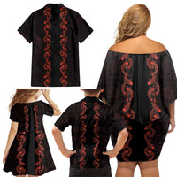 Hawaii Japan Koi Fish Red Family Matching Off Shoulder Short Dress and Hawaiian Shirt Tapa Pattern LT01 - Polynesian Pride