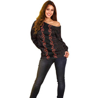 Hawaii Japan Koi Fish Red Off Shoulder Sweater Tapa Pattern - Polynesian Pride
