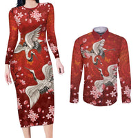 Hawaii Japan Cranes Sakura Flower Red Couples Matching Long Sleeve Bodycon Dress and Long Sleeve Button Shirt Japan Heritage Spirit LT01 Red - Polynesian Pride