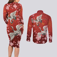 Hawaii Japan Cranes Sakura Flower Red Couples Matching Long Sleeve Bodycon Dress and Long Sleeve Button Shirt Japan Heritage Spirit LT01 - Polynesian Pride