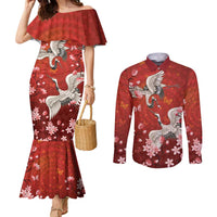 Hawaii Japan Cranes Sakura Flower Red Couples Matching Mermaid Dress and Long Sleeve Button Shirt Japan Heritage Spirit LT01 Red - Polynesian Pride