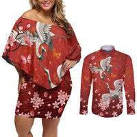 Hawaii Japan Cranes Sakura Flower Red Couples Matching Off Shoulder Short Dress and Long Sleeve Button Shirt Japan Heritage Spirit LT01 Red - Polynesian Pride