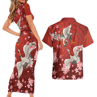 Hawaii Japan Cranes Sakura Flower Red Couples Matching Short Sleeve Bodycon Dress and Hawaiian Shirt Japan Heritage Spirit LT01 - Polynesian Pride
