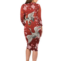 Hawaii Japan Cranes Sakura Flower Red Long Sleeve Bodycon Dress Japan Heritage Spirit LT01 - Polynesian Pride
