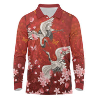 Hawaii Japan Cranes Sakura Flower Red Long Sleeve Polo Shirt Japan Heritage Spirit LT01 Red - Polynesian Pride
