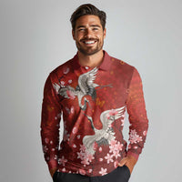 Hawaii Japan Cranes Sakura Flower Red Long Sleeve Polo Shirt Japan Heritage Spirit LT01 - Polynesian Pride
