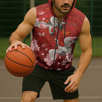 Hawaii Japan Cranes Sakura Flower Red Sleeveless Zip Hoodie Japan Heritage Spirit LT01 - Polynesian Pride