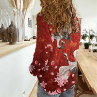 Hawaii Japan Cranes Sakura Flower Red Women Casual Shirt Japan Heritage Spirit LT01 - Polynesian Pride