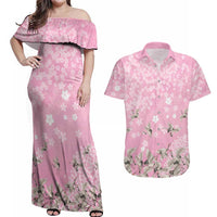 Cranes Sakura Floral Pink Pastel Couples Matching Off Shoulder Maxi Dress and Hawaiian Shirt Hawaii Japan Culture LT01 Pink - Polynesian Pride