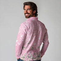 Cranes Sakura Floral Pink Pastel Long Sleeve Polo Shirt Hawaii Japan Culture LT01 - Polynesian Pride