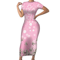 Cranes Sakura Floral Pink Pastel Short Sleeve Bodycon Dress Hawaii Japan Culture LT01 Long Dress Pink - Polynesian Pride