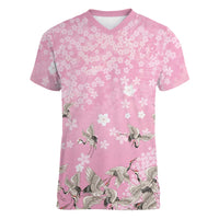 Cranes Sakura Floral Pink Pastel Women V-Neck T-Shirt Hawaii Japan Culture LT01 Female Pink - Polynesian Pride