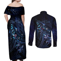 Personalised Matariki Paua Shell New Zealand Couples Matching Off Shoulder Maxi Dress and Long Sleeve Button Shirt Haka Dance At The Starry Night LT01 - Polynesian Pride