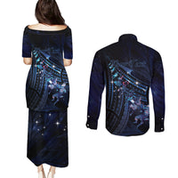Personalised Matariki Paua Shell New Zealand Couples Matching Puletasi and Long Sleeve Button Shirt Haka Dance At The Starry Night LT01 - Polynesian Pride