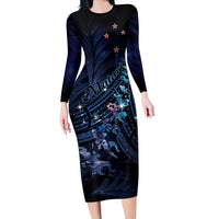 Personalised Matariki Paua Shell New Zealand Long Sleeve Bodycon Dress Haka Dance At The Starry Night LT01 Long Dress Black - Polynesian Pride