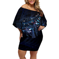 Personalised Matariki Paua Shell New Zealand Off Shoulder Short Dress Haka Dance At The Starry Night LT01 Women Black - Polynesian Pride