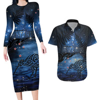 Personalised Matariki Kiwi Couples Matching Long Sleeve Bodycon Dress and Hawaiian Shirt Silver Fern LT01 Black - Polynesian Pride