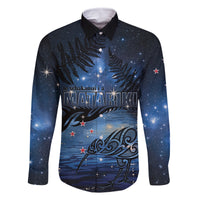 Personalised Matariki Kiwi Family Matching Off Shoulder Short Dress and Hawaiian Shirt Silver Fern LT01 Dad's Shirt - Long Sleeve Black - Polynesian Pride