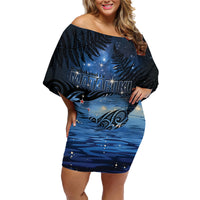 Personalised Matariki Kiwi Family Matching Off Shoulder Short Dress and Hawaiian Shirt Silver Fern LT01 Mom's Dress Black - Polynesian Pride