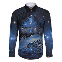 Personalised Matariki Kiwi Family Matching Puletasi and Hawaiian Shirt Silver Fern LT01 Dad's Shirt - Long Sleeve Black - Polynesian Pride