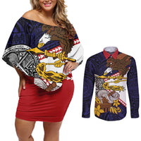 American Samoa Eagle Kava Bowl Couples Matching Off Shoulder Short Dress and Long Sleeve Button Shirt Plumeria Polynesian Pattern