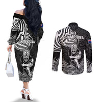 New Zealand Silver Fern Rugby Couples Matching Off The Shoulder Long Sleeve Dress and Long Sleeve Button Shirts Maori Tiki Player With Ta Moko Tribal LT01 - Polynesian Pride