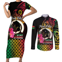 Personalised Vanuatu Port Vila Stay Strong Couples Matching Short Sleeve Bodycon Dress and Long Sleeve Button Shirt Long God Yumi Stanap LT01 Black - Polynesian Pride