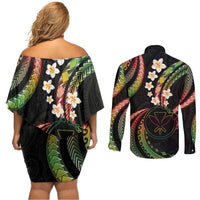 Hawaii Map Kanaka Maoli Couples Matching Off Shoulder Short Dress and Long Sleeve Button Shirt Fantastic Frangipani Reggae LT01 - Polynesian Pride