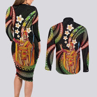 Hawaii King Kamehameha Couples Matching Long Sleeve Bodycon Dress and Long Sleeve Button Shirt Fantastic Plumeria Reggae LT01 - Polynesian Pride