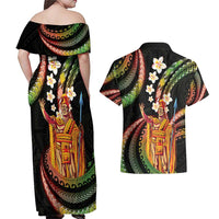 Hawaii King Kamehameha Couples Matching Off Shoulder Maxi Dress and Hawaiian Shirt Fantastic Plumeria Reggae LT01 - Polynesian Pride