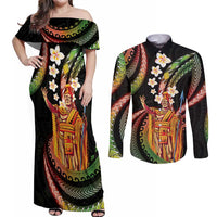 Hawaii King Kamehameha Couples Matching Off Shoulder Maxi Dress and Long Sleeve Button Shirt Fantastic Plumeria Reggae LT01 Reggae - Polynesian Pride