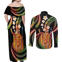 Hawaii King Kamehameha Couples Matching Off Shoulder Maxi Dress and Long Sleeve Button Shirt Fantastic Plumeria Reggae LT01 - Polynesian Pride