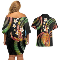 Hawaii King Kamehameha Couples Matching Off Shoulder Short Dress and Hawaiian Shirt Fantastic Plumeria Reggae LT01 - Polynesian Pride