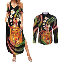 Hawaii King Kamehameha Couples Matching Summer Maxi Dress and Long Sleeve Button Shirt Fantastic Plumeria Reggae LT01 Reggae - Polynesian Pride