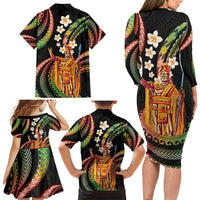 Hawaii King Kamehameha Family Matching Long Sleeve Bodycon Dress and Hawaiian Shirt Fantastic Plumeria Reggae LT01 - Polynesian Pride