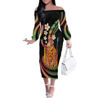 Hawaii King Kamehameha Family Matching Off The Shoulder Long Sleeve Dress and Hawaiian Shirt Fantastic Plumeria Reggae LT01 Mom's Dress Reggae - Polynesian Pride