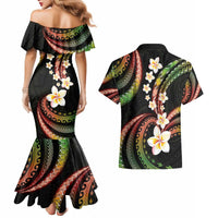 Hawaii Plumeria Reggae Couples Matching Mermaid Dress and Hawaiian Shirt Polynesian Pattern