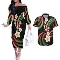 Hawaii Plumeria Reggae Couples Matching Off The Shoulder Long Sleeve Dress and Hawaiian Shirt Polynesian Pattern