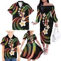 Hawaii Plumeria Reggae Family Matching Off The Shoulder Long Sleeve Dress and Hawaiian Shirt Polynesian Pattern