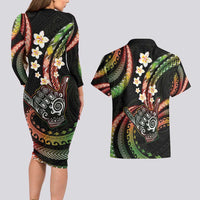 Hawaii Shaka Sign Couples Matching Long Sleeve Bodycon Dress and Hawaiian Shirt Fantastic Frangipani Reggae LT01 - Polynesian Pride