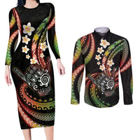 Hawaii Shaka Sign Couples Matching Long Sleeve Bodycon Dress and Long Sleeve Button Shirt Fantastic Frangipani Reggae LT01 Reggae - Polynesian Pride