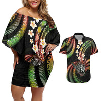 Hawaii Shaka Sign Couples Matching Off Shoulder Short Dress and Hawaiian Shirt Fantastic Frangipani Reggae LT01 Reggae - Polynesian Pride