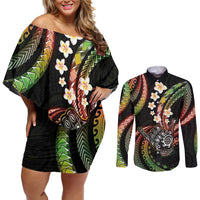 Hawaii Shaka Sign Couples Matching Off Shoulder Short Dress and Long Sleeve Button Shirt Fantastic Frangipani Reggae LT01 Reggae - Polynesian Pride