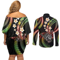 Hawaii Shaka Sign Couples Matching Off Shoulder Short Dress and Long Sleeve Button Shirt Fantastic Frangipani Reggae LT01 - Polynesian Pride