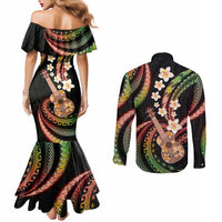 Hawaiian Ukulele Couples Matching Mermaid Dress and Long Sleeve Button Shirt Jawaiian Fantastic Plumeria LT01 - Polynesian Pride