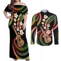Hawaiian Ukulele Couples Matching Off Shoulder Maxi Dress and Long Sleeve Button Shirt Jawaiian Fantastic Plumeria LT01 Reggae - Polynesian Pride