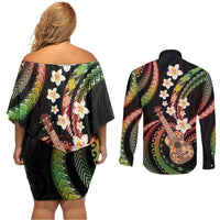 Hawaiian Ukulele Couples Matching Off Shoulder Short Dress and Long Sleeve Button Shirt Jawaiian Fantastic Plumeria LT01 - Polynesian Pride