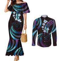 Hawaii Map Kanaka Maoli Couples Matching Mermaid Dress and Long Sleeve Button Shirt Fantastic Frangipani Amethyst Gradient LT01 Purple - Polynesian Pride