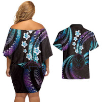 Hawaii Map Kanaka Maoli Couples Matching Off Shoulder Short Dress and Hawaiian Shirt Fantastic Frangipani Amethyst Gradient LT01 - Polynesian Pride