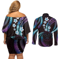 Hawaii Map Kanaka Maoli Couples Matching Off Shoulder Short Dress and Long Sleeve Button Shirt Fantastic Frangipani Amethyst Gradient LT01 - Polynesian Pride